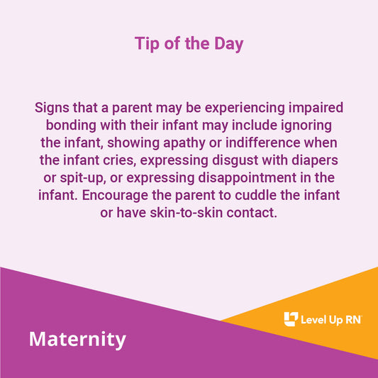 Signs that a parent may be experiencing impaired bonding with their infant may include ignoring the infant, showing apathy or indifference when the infant cries, expressing disgust with diapers or spit-up, or expressing disappointment in the infant.