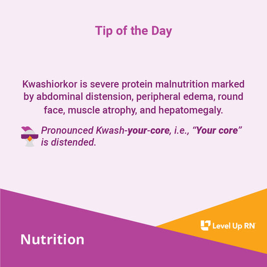 Kwashiorkor is severe protein malnutrition marked by abdominal distension, peripheral edema, round face, muscle atrophy, and hepatomegaly.