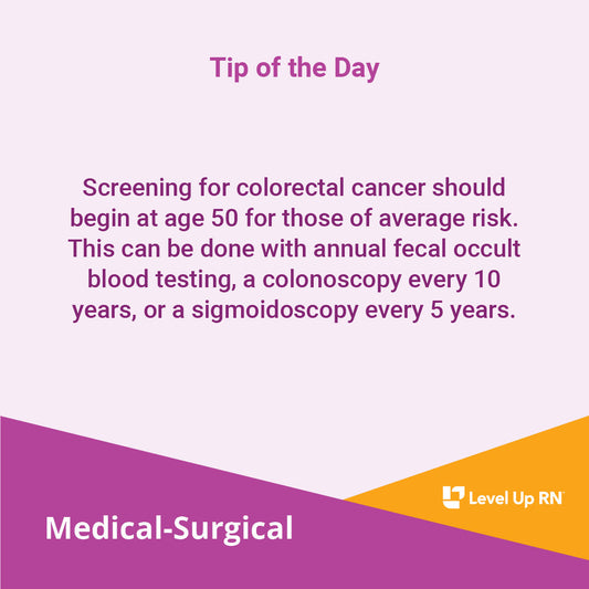 Screening for colorectal cancer should begin at age 50 for those of average risk.