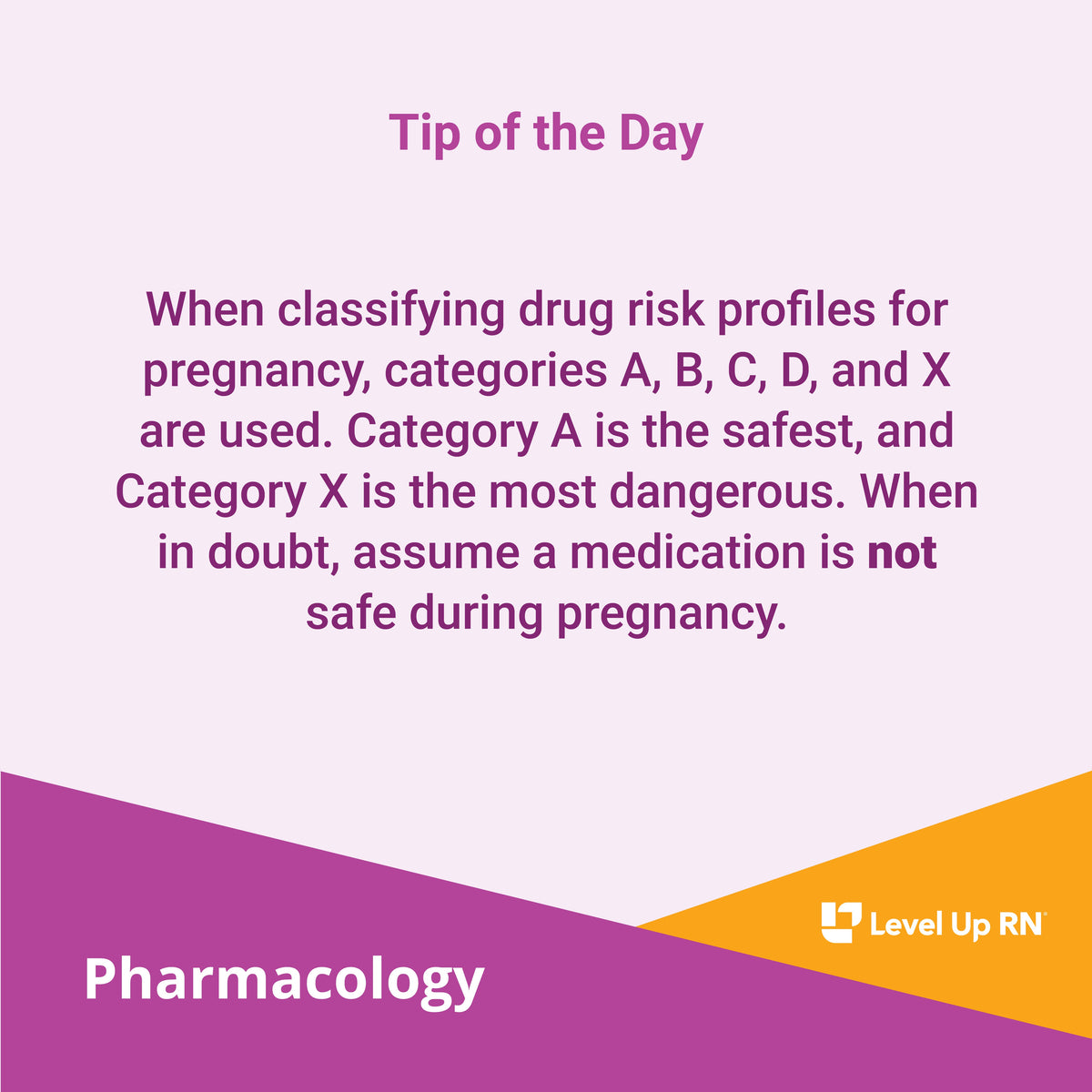 When classifying drug risk profiles for pregnancy, categories A, B, C, D, and X are used. Category A is the safest, and Category X is the most dangerous. When in doubt, assume a medication is not safe during pregnancy.