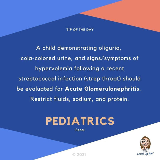 A child demonstrating oliguria, cola-colored urine, and signs/symptoms of hypervolemia following a recent streptococcal infection (strep throat) should be evaluated for Acute Glomerulonephritis. Restrict fluids, sodium, and protein.