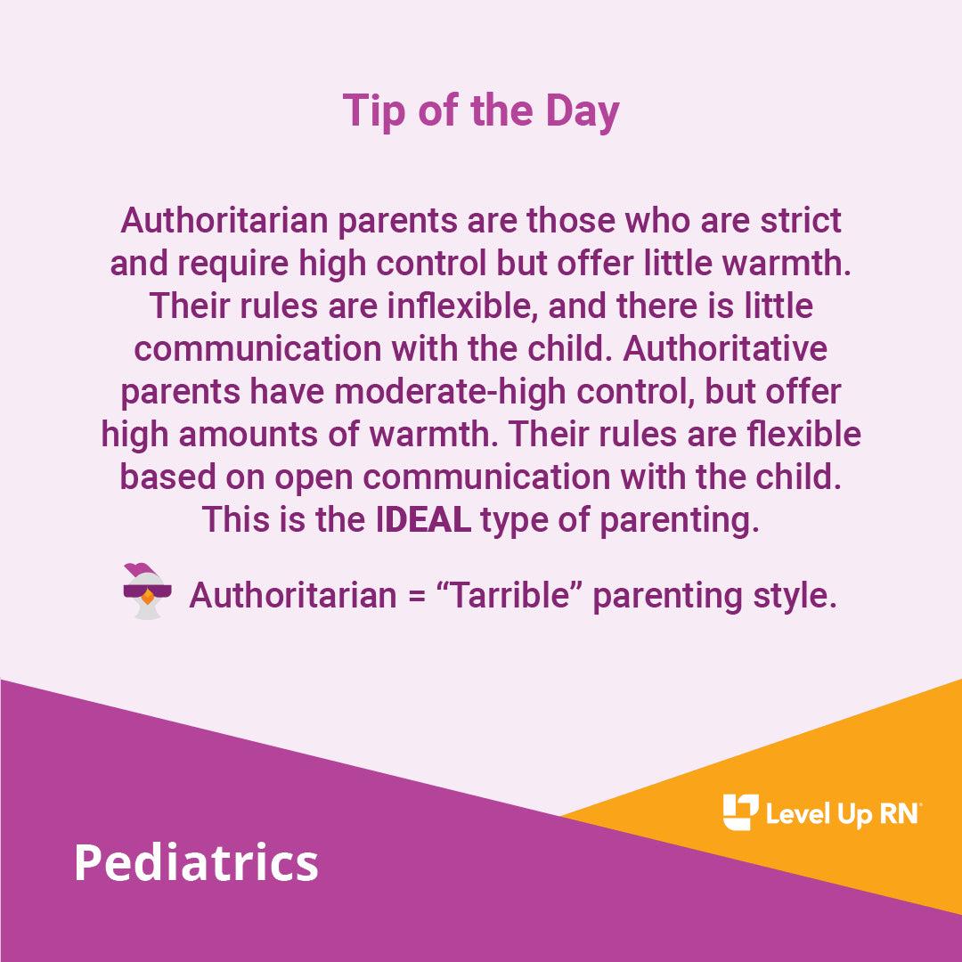 Authoritarian parents are those who are strict and require high control but offer little warmth. Authoritative parents have moderate-high control, but offer high amounts of warmth.