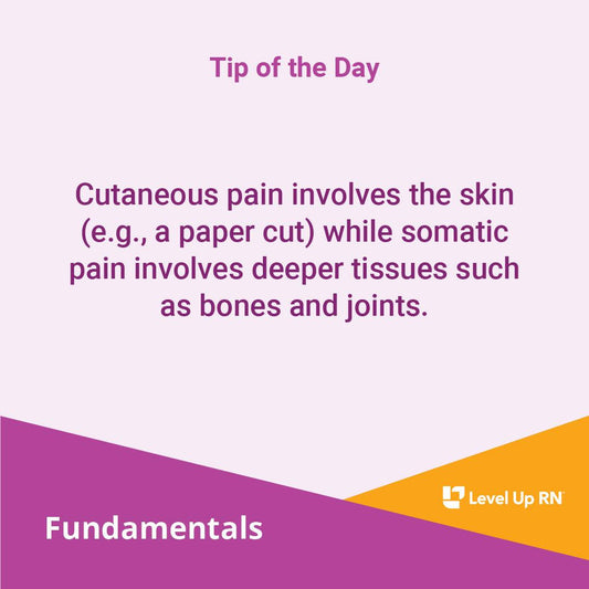 Cutaneous pain involves the skin (e.g., a paper cut) while somatic pain involves deeper tissues such as bones and joints.