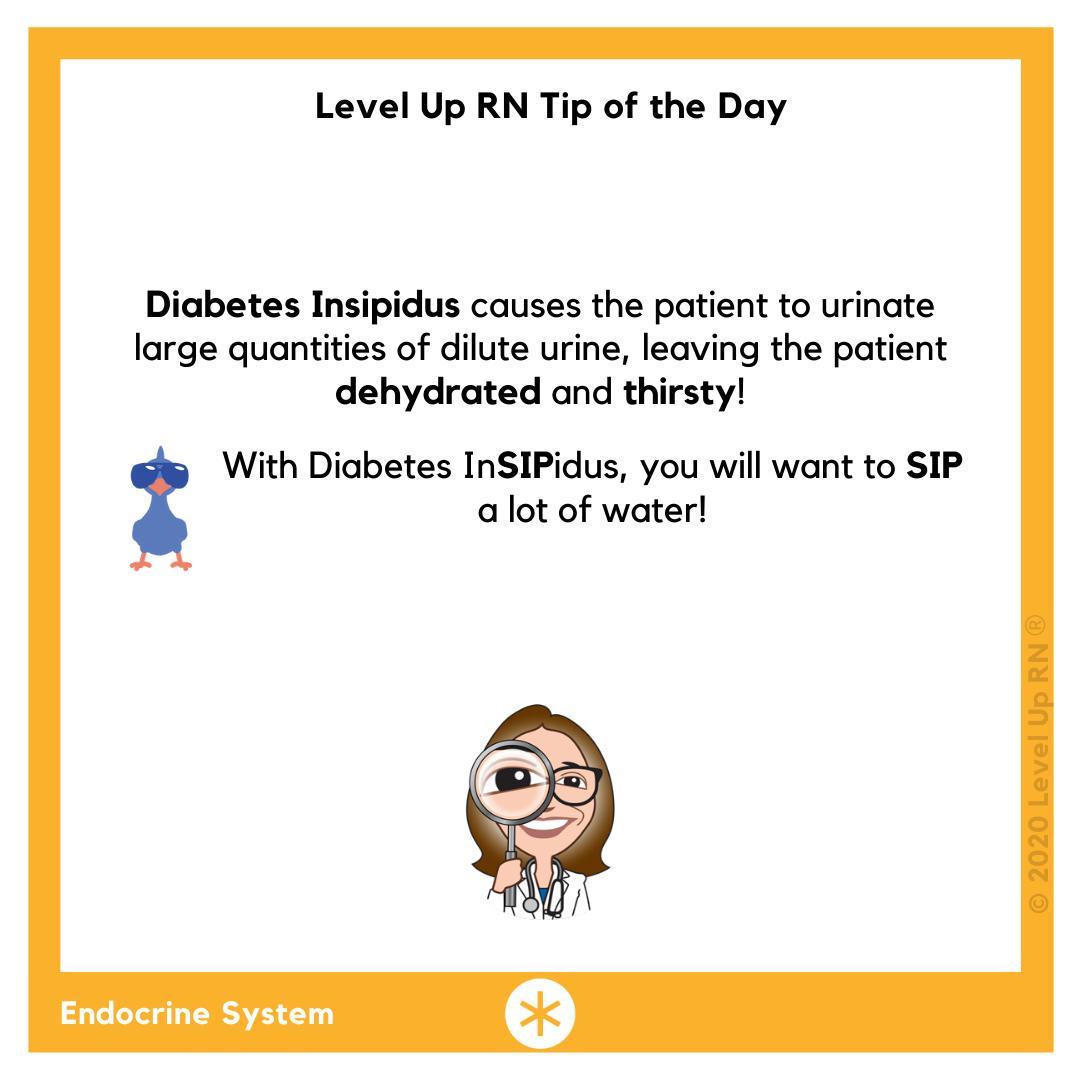 With Diabetes InSIPidus, you will want to SIP a lot of water. Diabetes Insipidus causes the patient to urinate large quantities of dilute urine, leaving the patient dehydrated and thirsty!