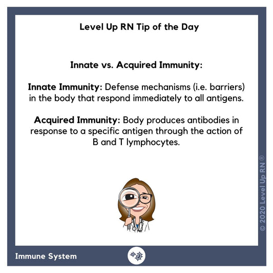 Innate vs. Acquired Immunity. Innate Immunity: Defense mechanisms in the body that respond immediately to all antigens. Acquired Immunity: Body produces antibodies in response to a specific antigen through the action of B and T lymphocytes.