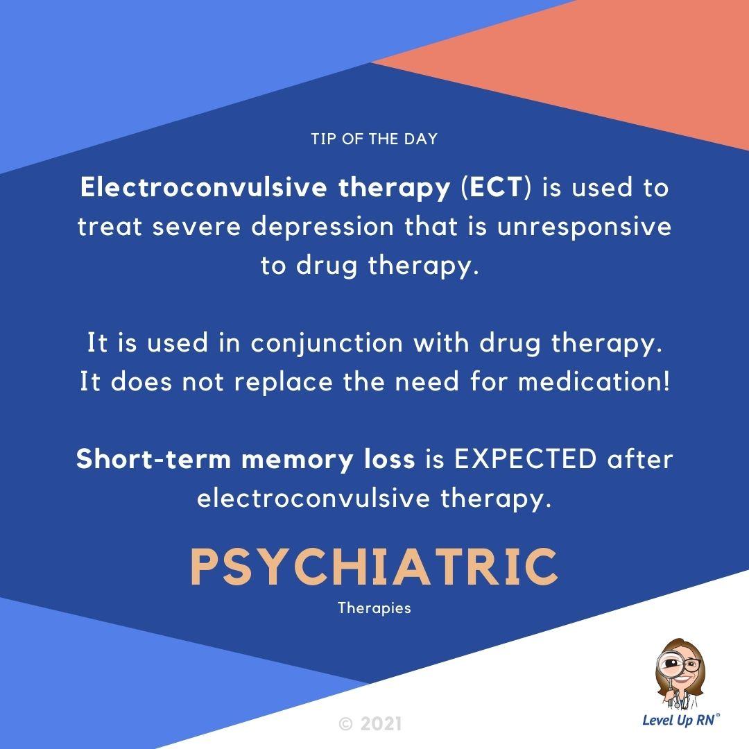 Electroconvulsive therapy (ECT) is used to treat severe depression that is unresponsive to drug therapy. It is used in conjunction with drug therapy. It does not replace the need for medication!