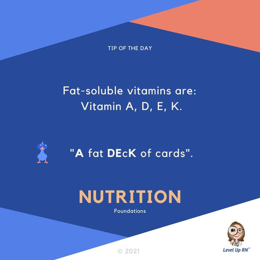 Fat soluble vitamins are: Vitamin A, D, E, K. HINT: "A fat deck of cards".
