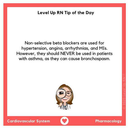 Non-selective beta blockers are used for hypertension, angina, arrhythmias, and MIs. However, they should NEVER be used in patients with asthma, as they can cause bronchospasm.