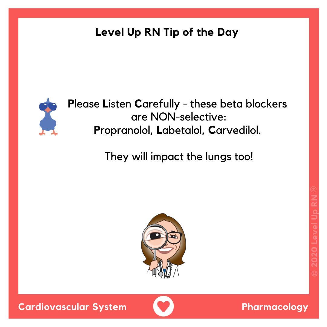 Please Listen Carefully - these beta blockers are NON-selective: Propranolol, Labetalol, Carvedilol. They will impact the lungs too!