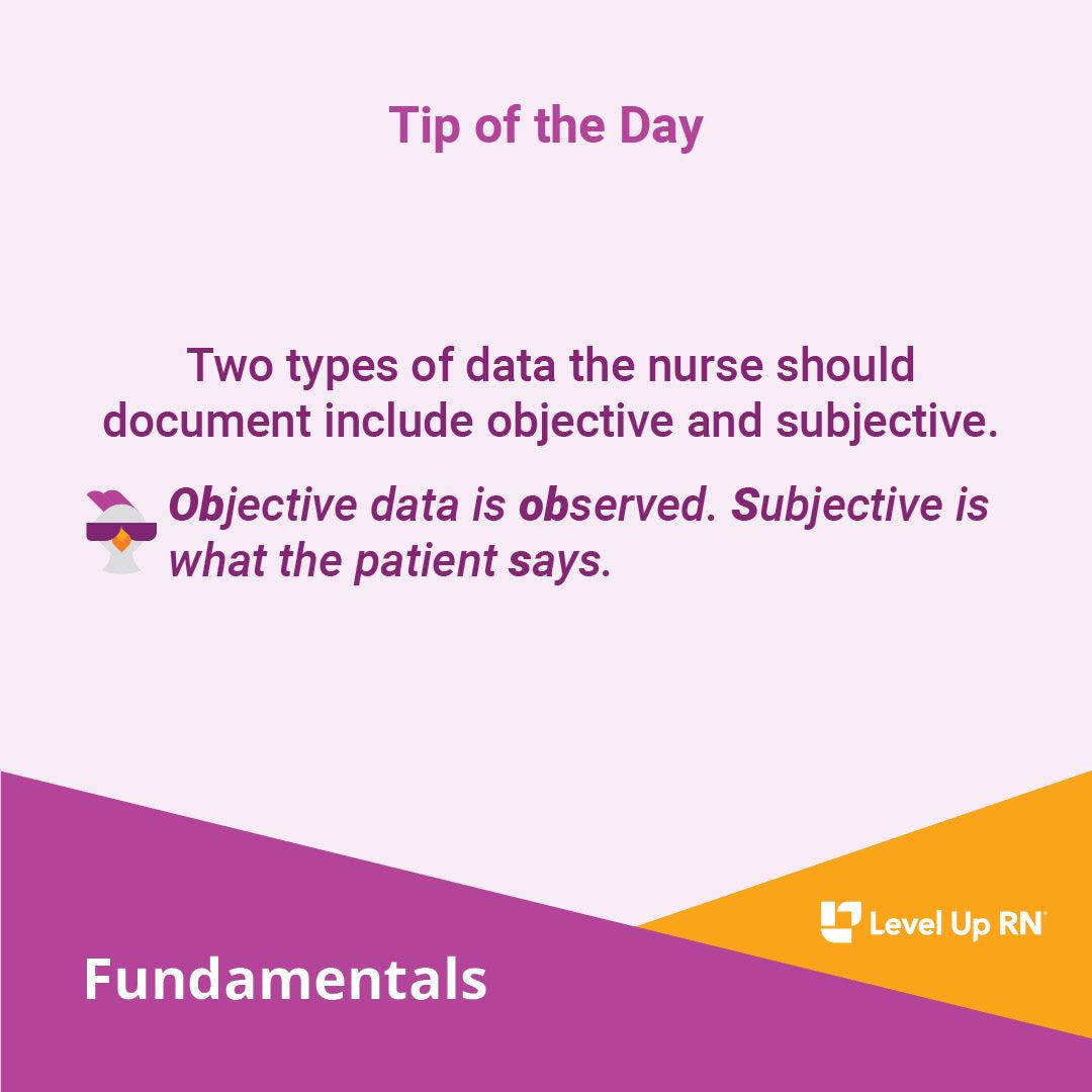 Two types of data the nurse should document include objective and subjective.