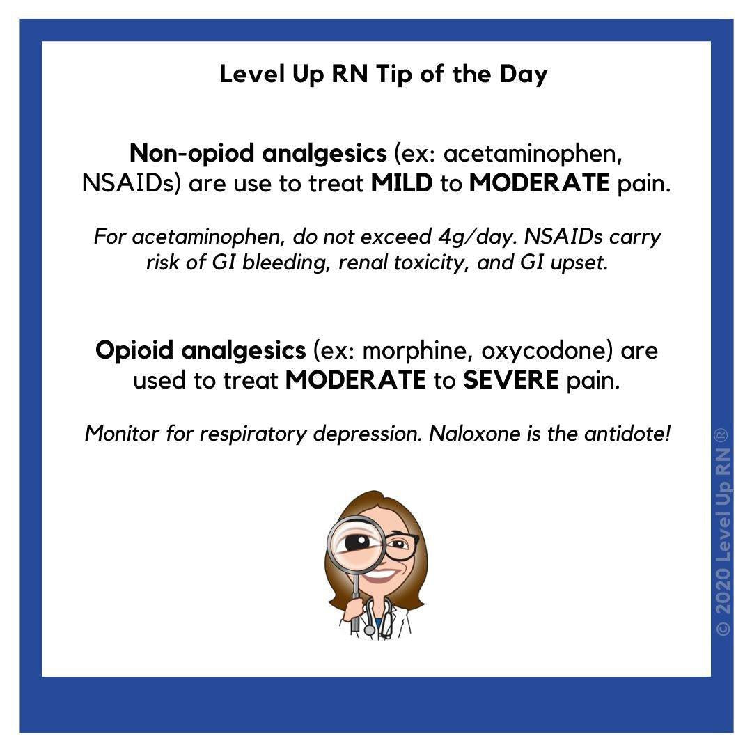 Non-opiod analgesics are use to treat MILD to MODERATE pain. NSAIDs carry risk of GI bleeding, renal toxicity, and GI upset. Opioid analgesics are used to treat MODERATE to SEVERE pain. Monitor for respiratory depression. Naloxone is the antidote!