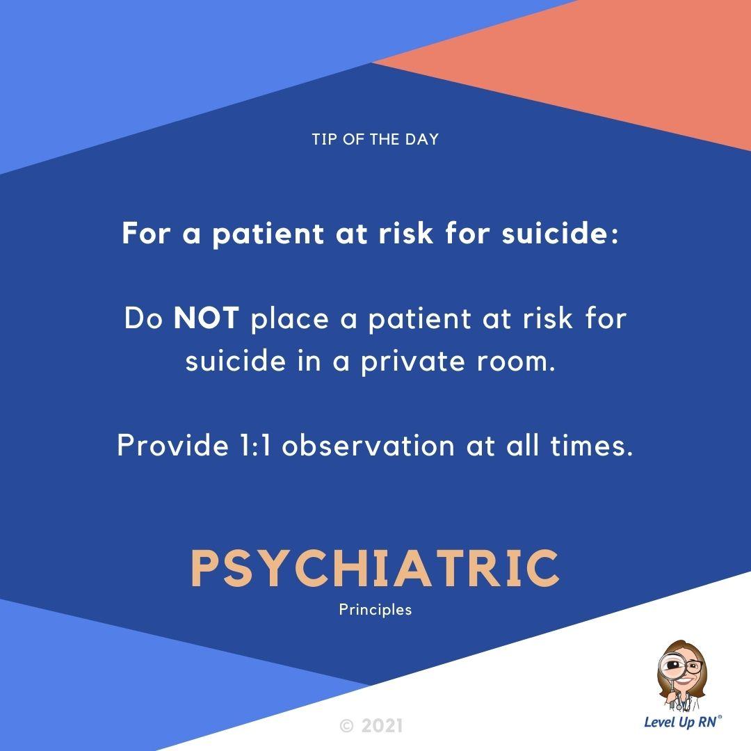 For a patient at risk for suicide: Do NOT place a patient at risk for suicide in a private room. Provide 1:1 observation at all times.