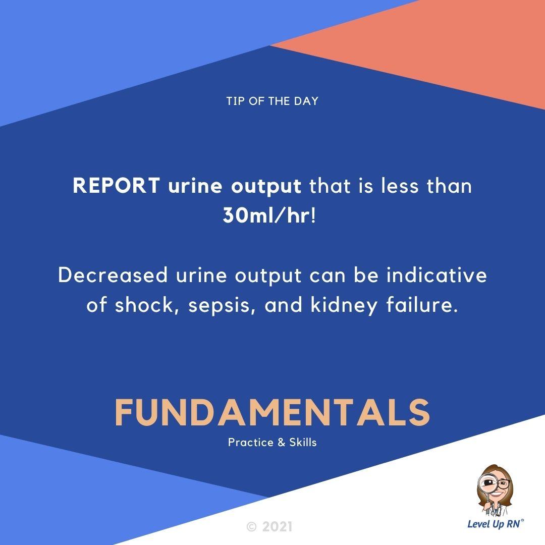 REPORT urine output that is less than 30ml/hr! Decreased urine output can be indicative of shock, sepsis, and kidney failure.