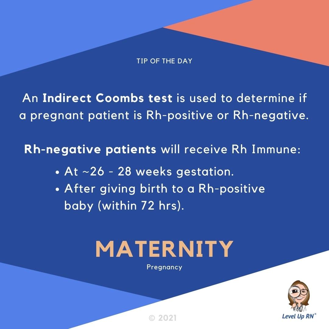 An Indirect Coombs test is used to determine if a pregnant patient is Rh-positive or Rh-negative.