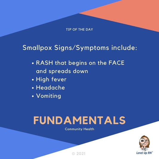 Smallpox Signs/Symptoms include RASH that begins on the FACE and spreads down, High fever, Headache, Vomiting
