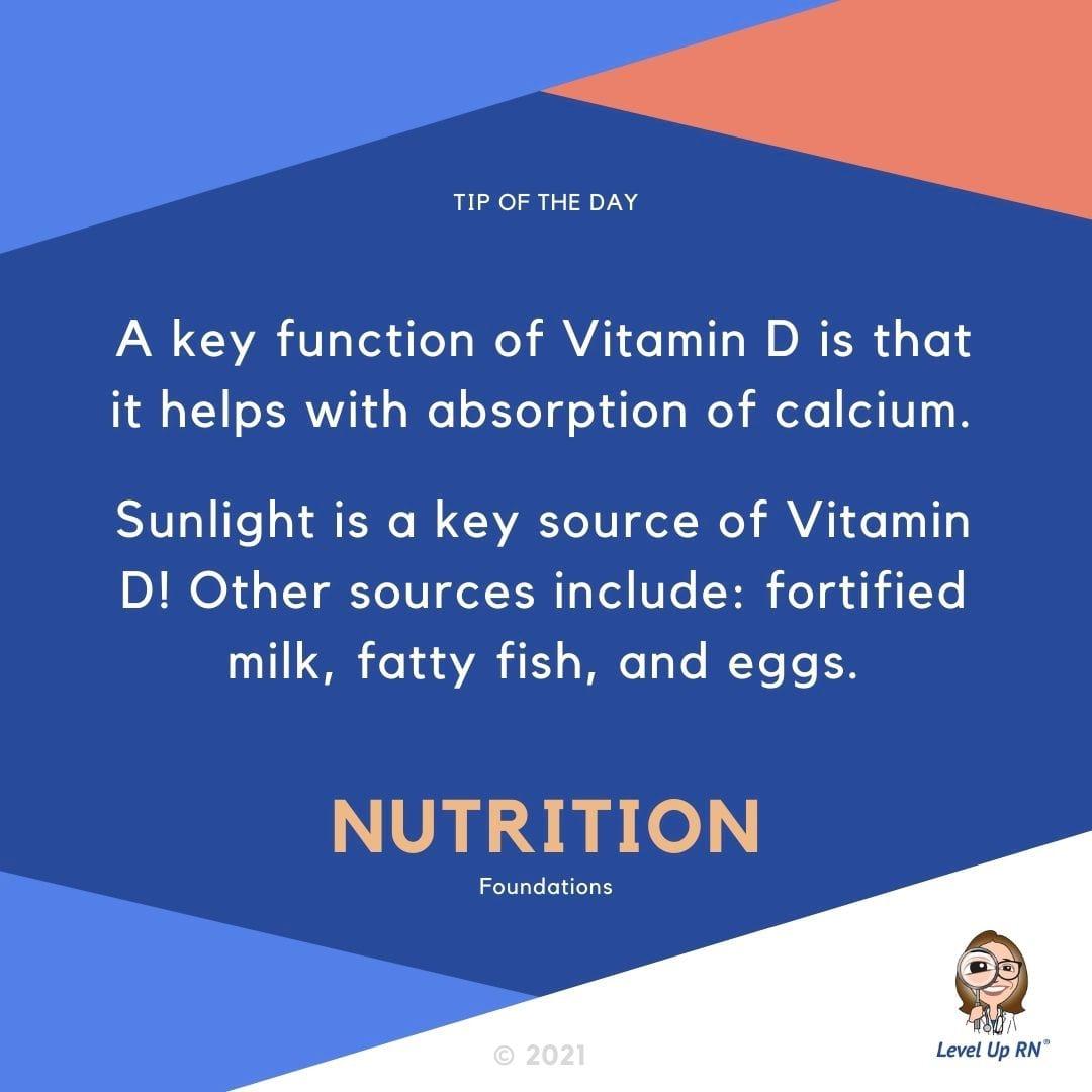 A key function of Vitamin D is that it helps with absorption of calcium. Sunlight is a key source of Vitamin D! Other sources include fortified milk, fatty fish, and eggs.