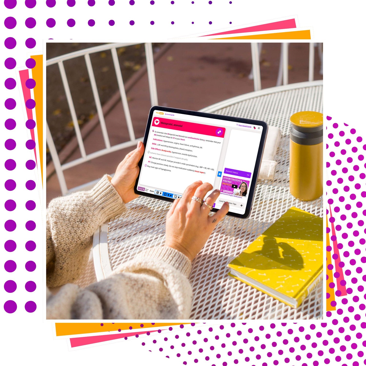 Person using a tablet at an outdoor table, to access Flashables - Digital Nursing Flashcards - NCLEX Edition including videos, with a colorful border