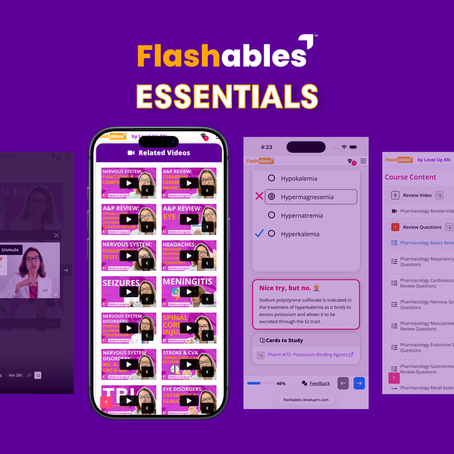 Promotional graphic for Flashables Essentials showing three smartphone mockups on a purple background: a left screen with medication-related video thumbnails, a center screen with study questions and notes, and a right screen with course content. Large 'Flashables ESSENTIALS' text appears at the top.