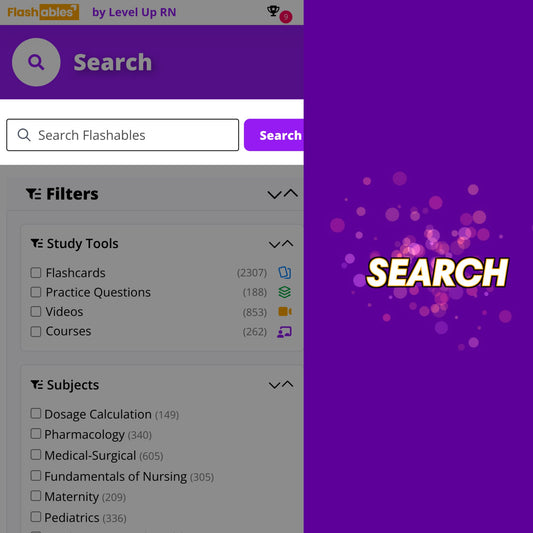 Flashables digital nursing membership search interface with study tool and subject filters on a purple background.