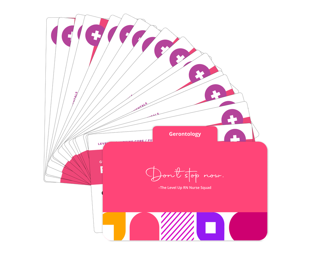 Fanned display of Fundamentals of Nursing - Flashcards: Gerontology section with a pink cover