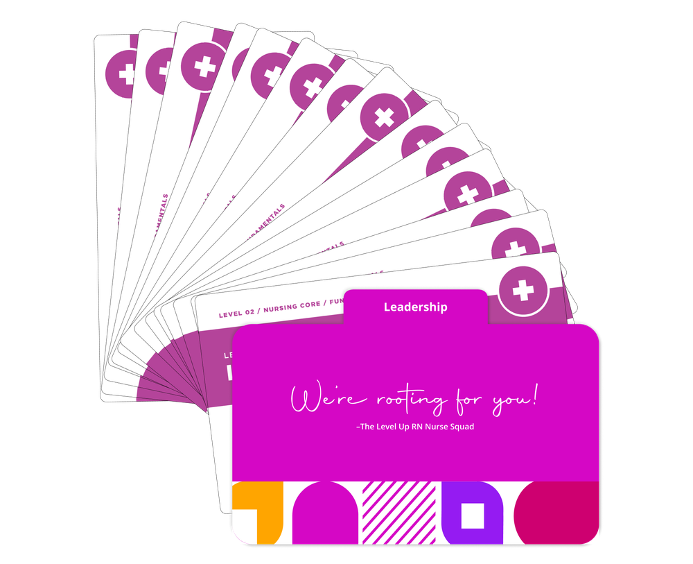 Fanned display of Fundamentals of Nursing - Flashcards: Leadership section with a magenta cover