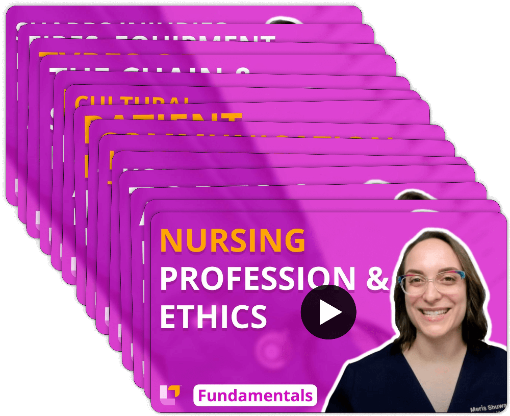 Stack of videos for Fundamentals of Nursing - Flashcards: Principles section, featuring teaching on Principles by Meris Shuwarger BSN, RN, CEN, TCRN