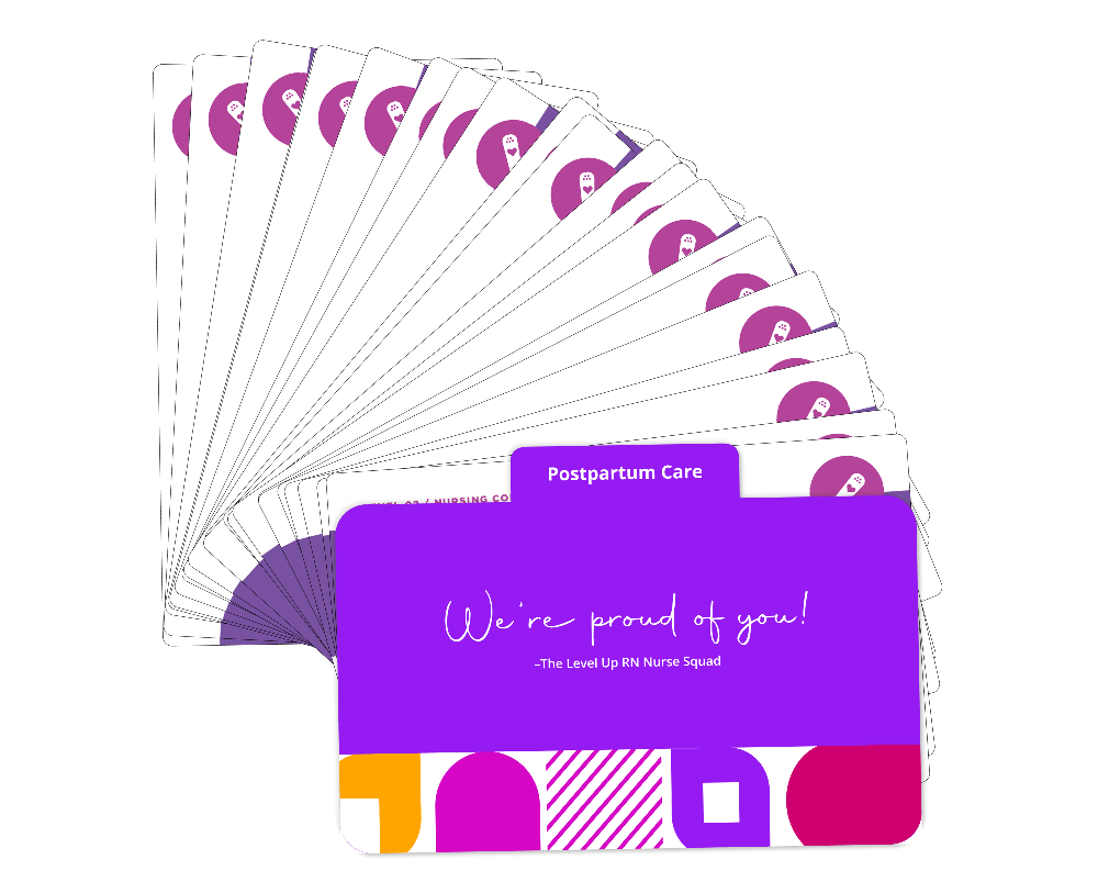 Fanned display of Maternity Nursing - Flashcards: Postpartum Assessment/Care section with a purple cover