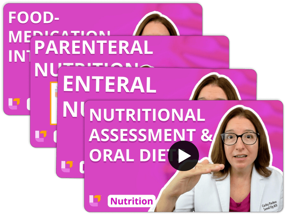 Stack of videos for Nutrition Essentials - Nursing Flashcards, featuring teaching on Oral Diets, Enteral & Parental Nutrition, Medication Interactions