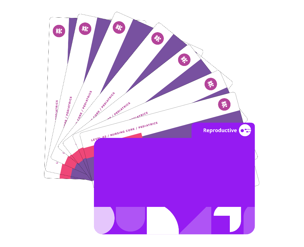 Reproductive system Pediatric Nursing flashcards fanned display covering puberty, reproductive disorders, sexual development with purple cover