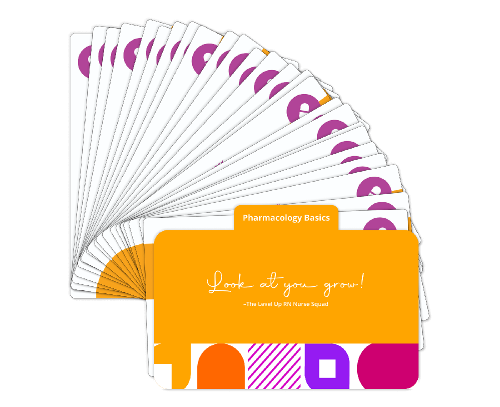 Pharmacology Basics flashcards with yellow cover showing "Look at you grow!" message.