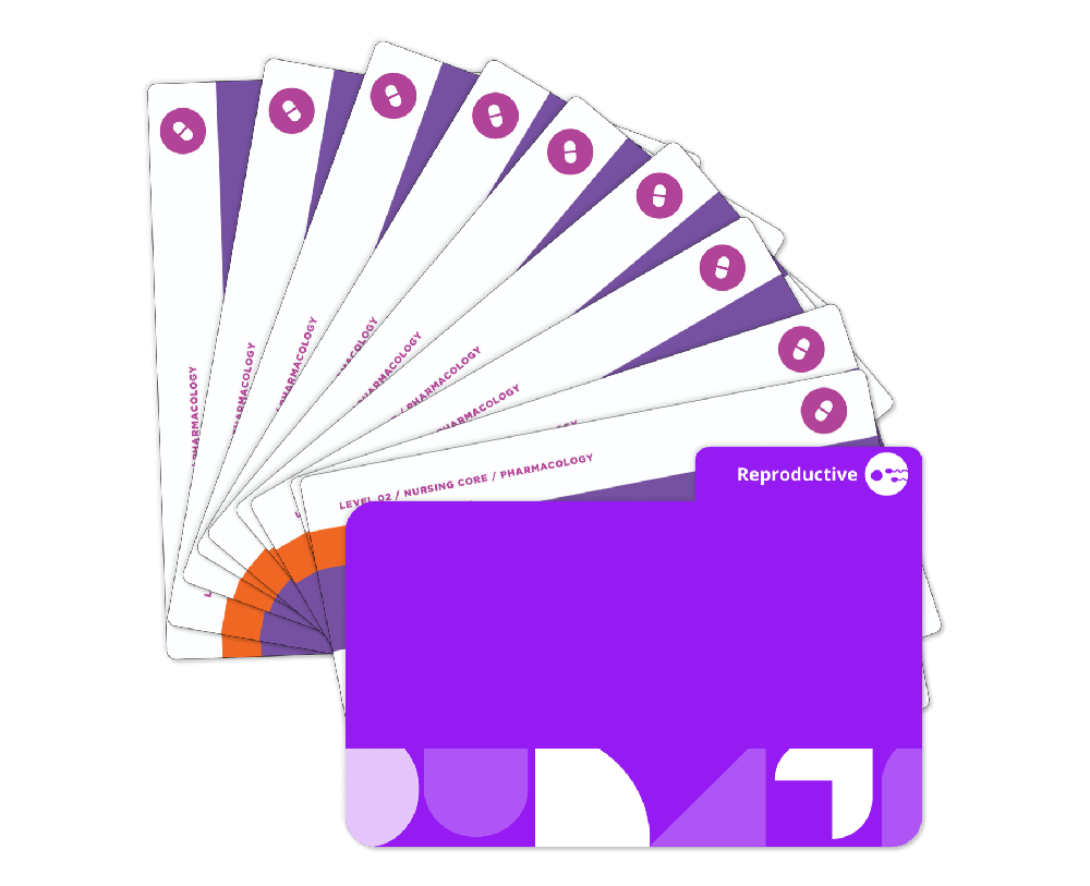 Reproductive system Pharmacology flashcards with purple cover.