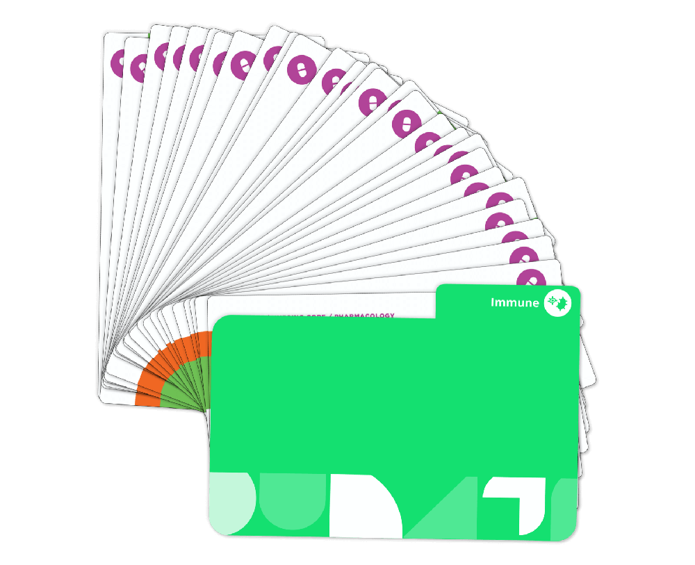 Immune system Pharmacology flashcards with green cover.
