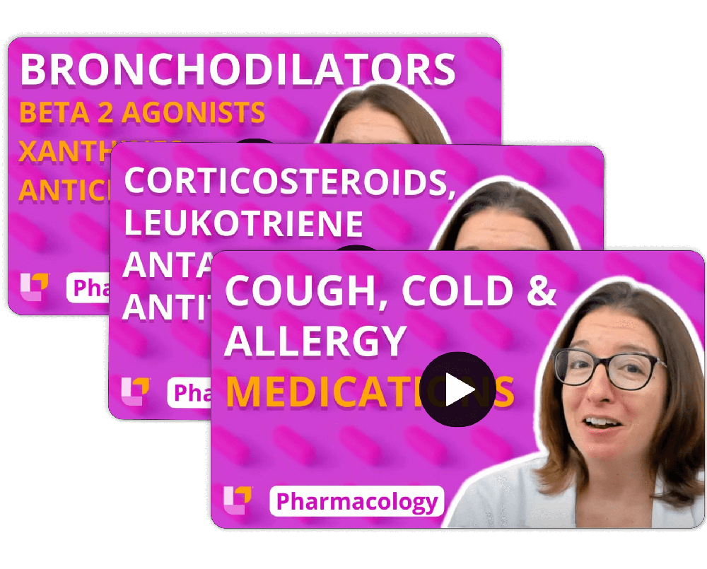 videos covering bronchodilators, beta 2 agonists, corticosteroids, and cough/cold/allergy medications with Cathy Parkes