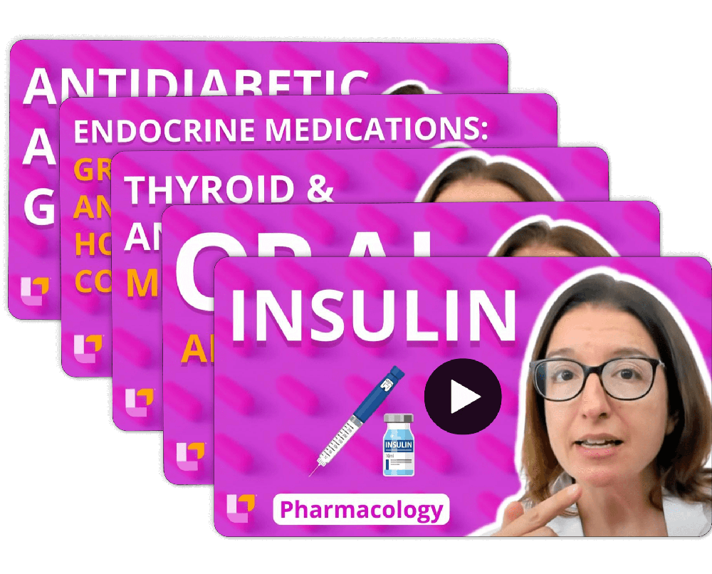 videos on antidiabetic medications, thyroid medications, and insulin with syringe graphic and Cathy Parkes