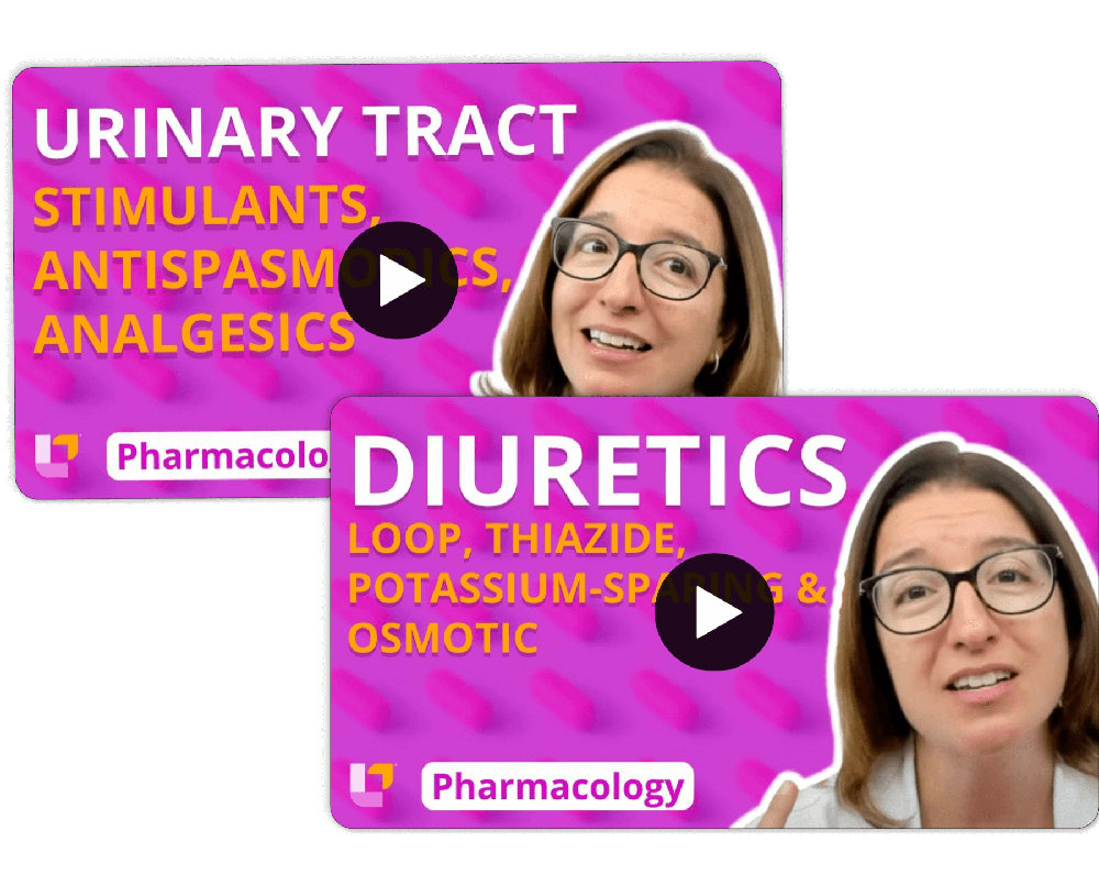 videos covering urinary tract stimulants, antispasmodics, analgesics, and diuretics with Cathy Parkes