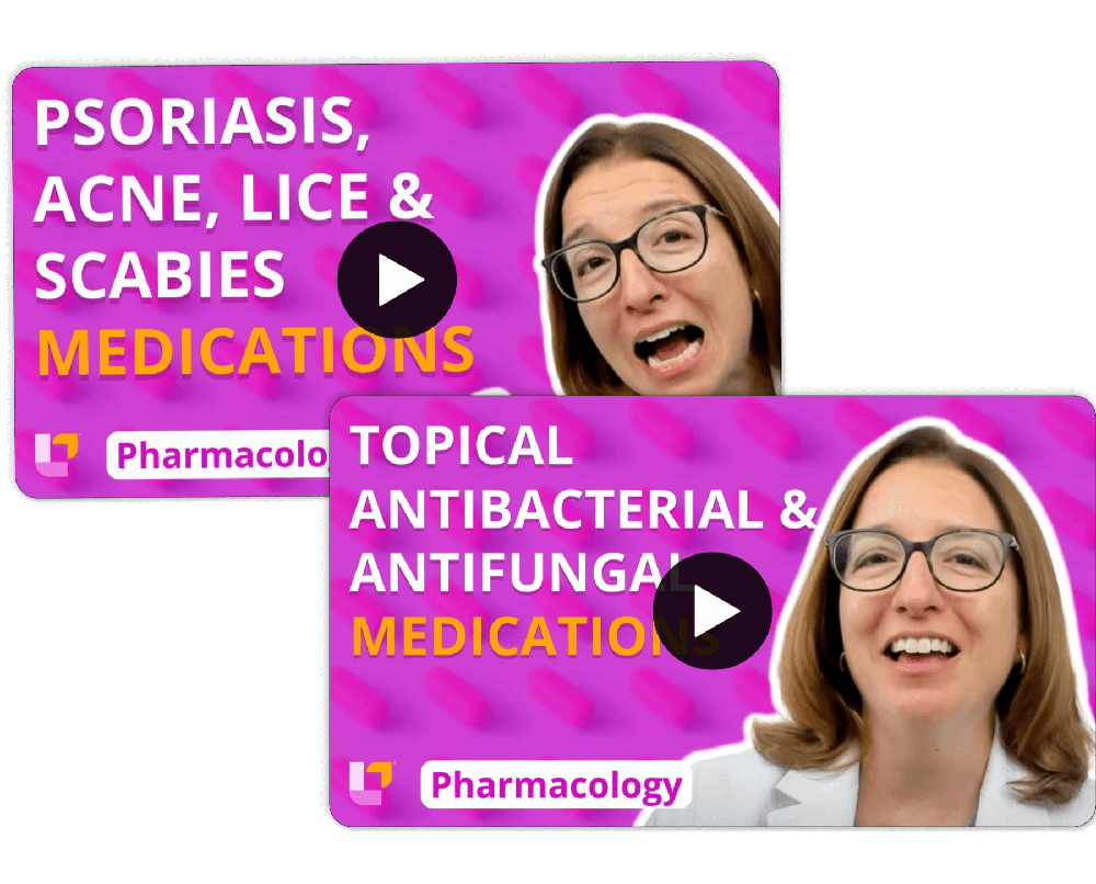 videos covering psoriasis, acne, lice, scabies, and topical antibacterial/antifungal medications with Cathy Parkes
