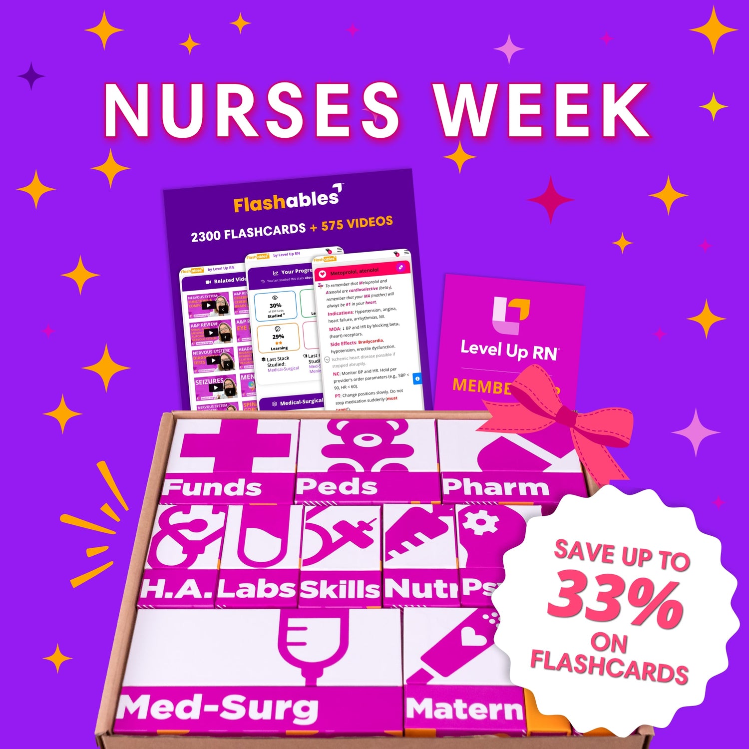 Nurses Week: save up to 33% on flashcards. The Ultimate Nursing School Survival Kit - with Flashables and Membership with a bow and sparkles