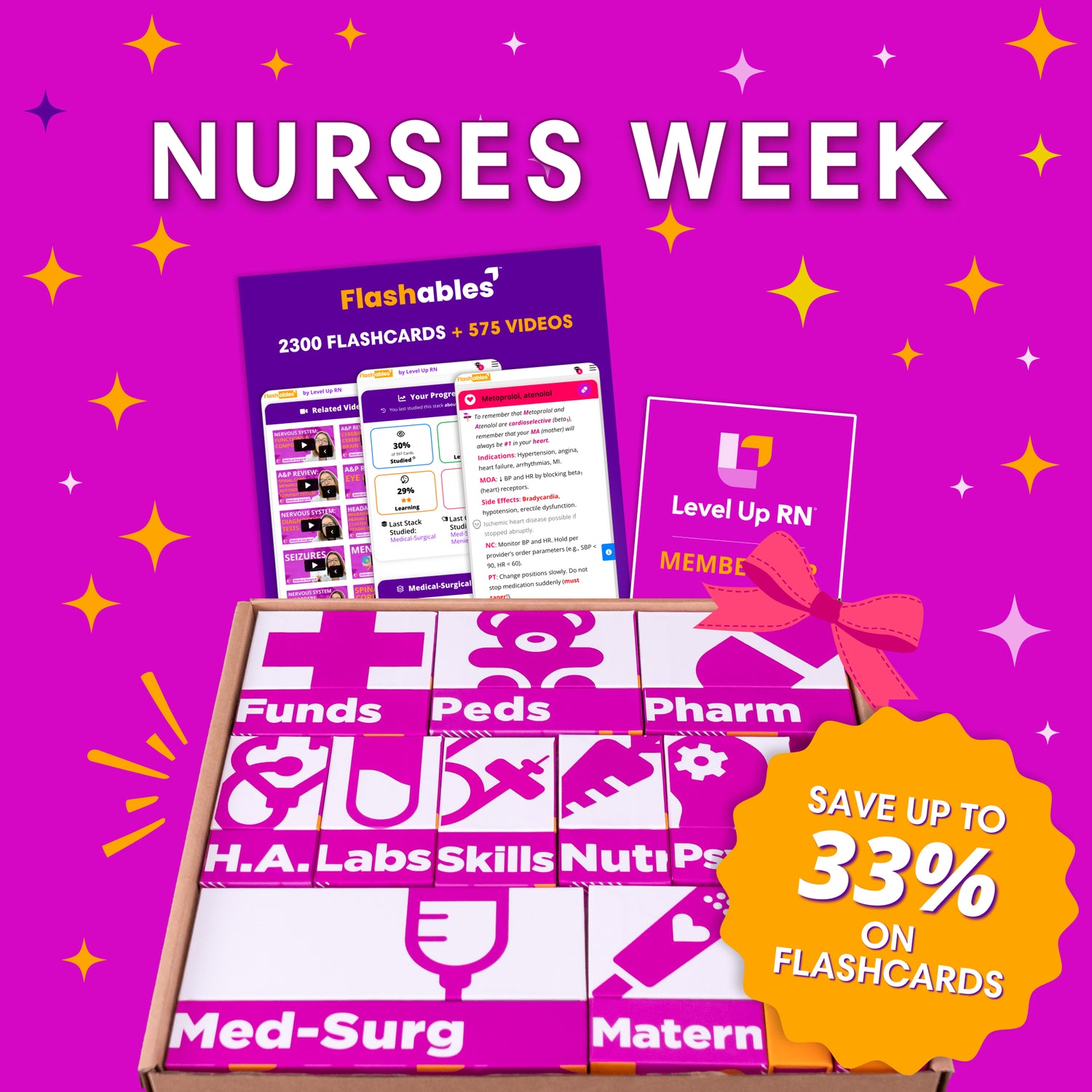 Nurses Week: save up to 33% on flashcards. The Ultimate Nursing School Survival Kit - with Flashables and Membership with a bow and sparkles