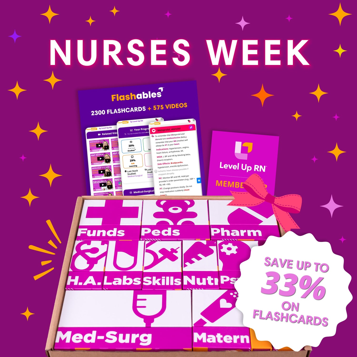 Nurses Week: save up to 33% on flashcards. The Ultimate Nursing School Survival Kit - with Flashables and Membership with a bow and sparkles
