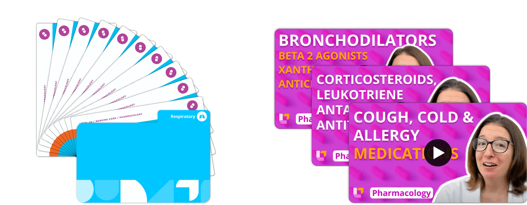 Left: Respiratory system Pharmacology flashcards with blue cover. Right: videos covering bronchodilators, beta 2 agonists, corticosteroids, and cough/cold/allergy medications with Cathy Parkes