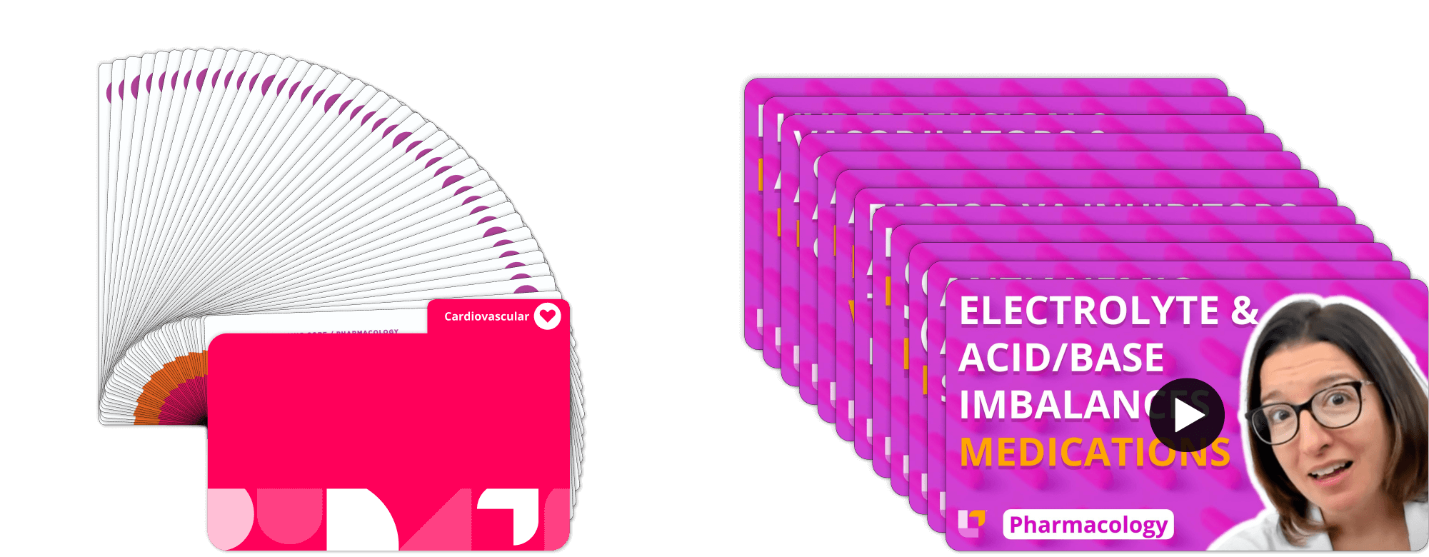 Left: Cardiovascular system Pharmacology flashcards with red cover. Right: videos on electrolyte and acid/base imbalance medications with Cathy Parkes