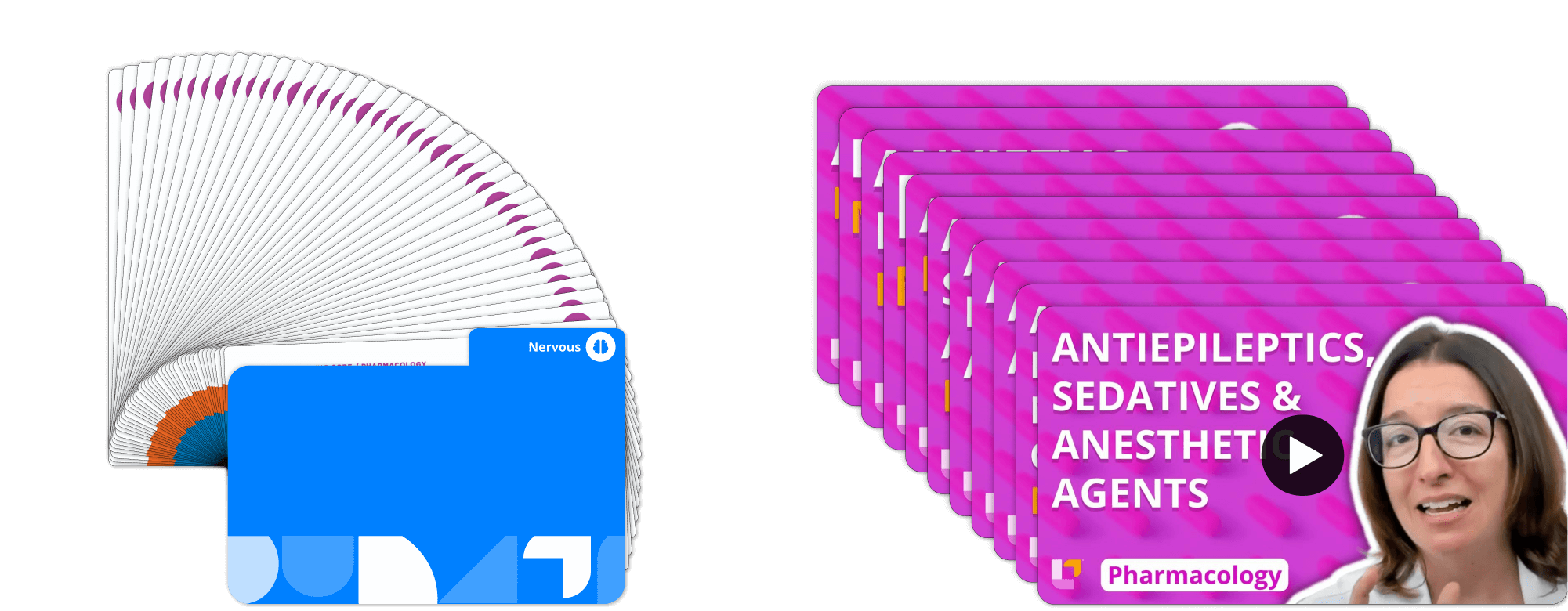 Left: Nervous system Pharmacology flashcards with blue cover. Right: videos for antiepileptics, sedatives, and anesthetic agents with Cathy Parkes