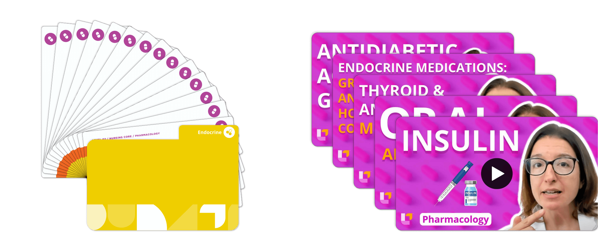 Left: Endocrine system Pharmacology flashcards with yellow cover. Right: videos on antidiabetic medications, thyroid medications, and insulin with syringe graphic and Cathy Parkes