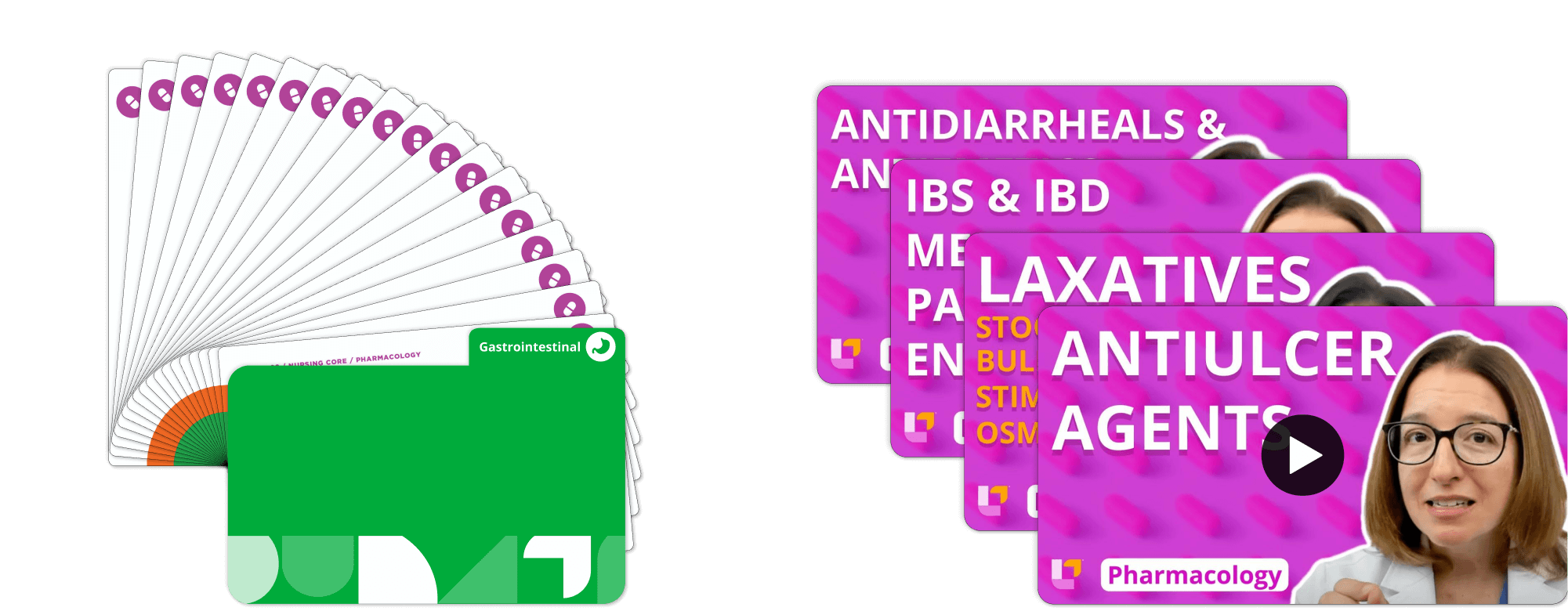 Left: Gastrointestinal system Pharmacology flashcards with green cover. Right: videos for antidiarrheals, IBS/IBD medications, laxatives, and antiulcer agents with Cathy Parkes