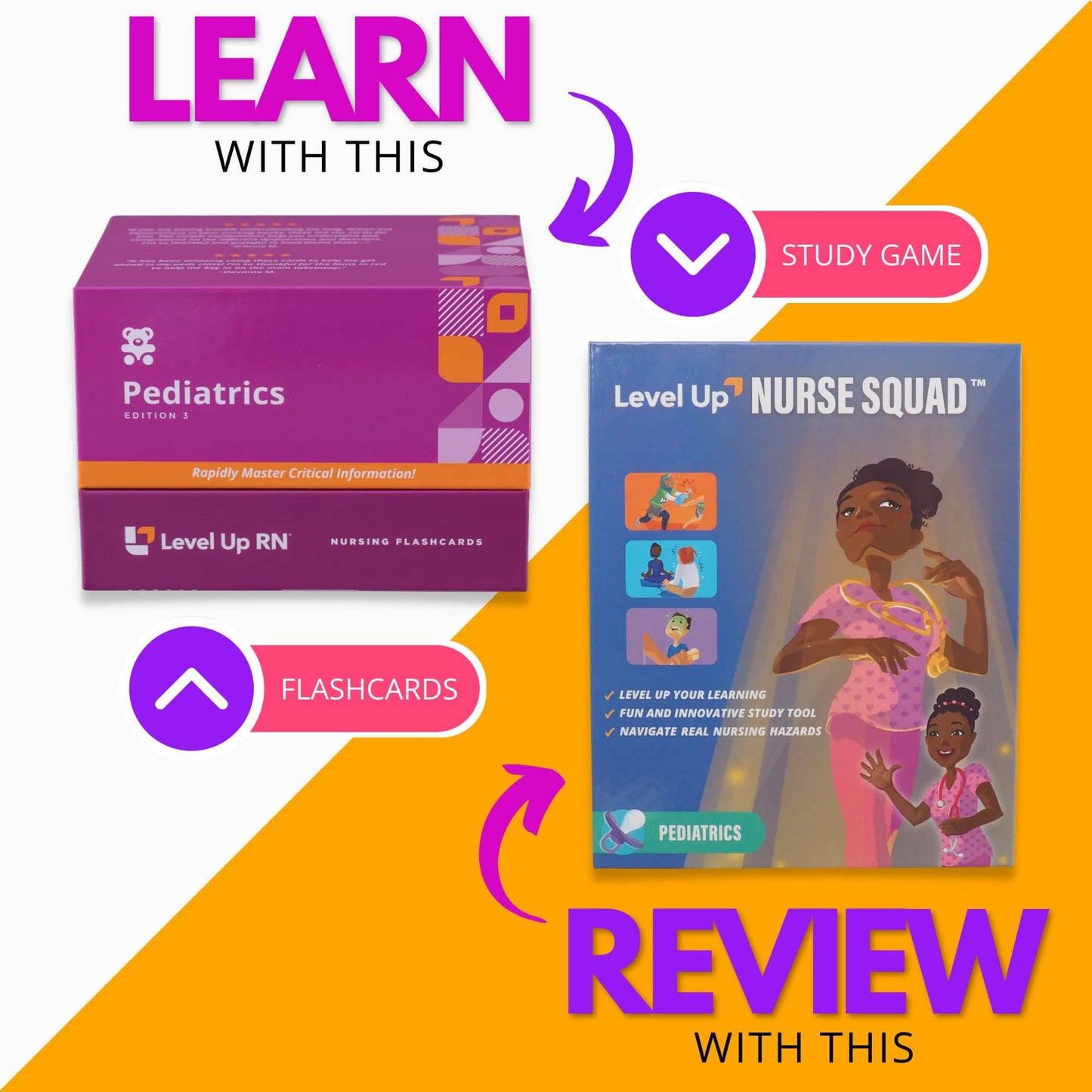 Learn with the flashcards, review with the study game