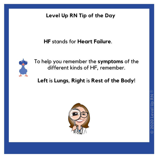 HF stands for Heart Failure. To help you remember the symptoms of the different kinds of HF, remember  Left is Lungs, Right is Rest of the Body!