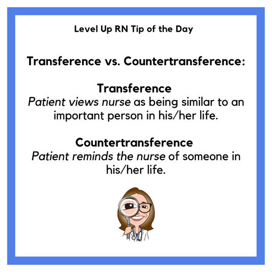 Transference vs. Countertransference:  Transference: Patient views nurse as being similar to an important person in his/her life.  Countertransference: Patient reminds the nurse of someone in his/her life.