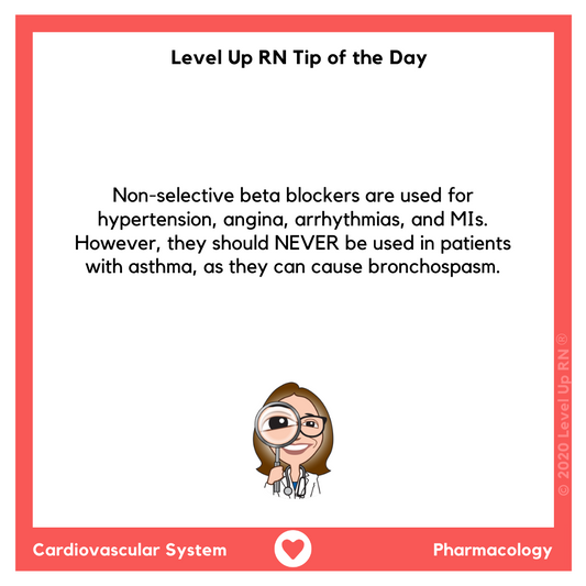 Non-selective beta blockers are used for hypertension, angina, arrhythmias, and MIs. However, they should NEVER be used in patients with asthma, as they can cause bronchospasm.