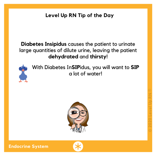 With Diabetes InSIPidus, you will want to SIP a lot of water. Diabetes Insipidus causes the patient to urinate large quantities of dilute urine, leaving the patient dehydrated and thirsty!