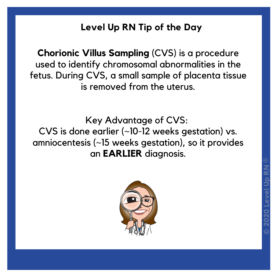 Chorionic Villus Sampling (CVS) is a procedure used to identify chromosomal abnormalities in the fetus. A small sample of placenta tissue is removed from the uterus. Key Advantage: CVS is done earlier, so it provides an EARLIER diagnosis.